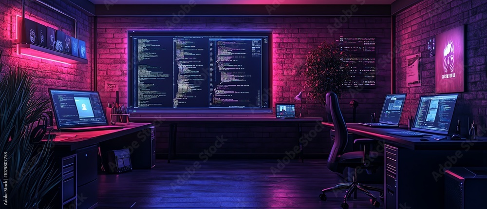 Poster Dynamic image of a software company focused on website development, featuring coding screens, laptops, and collaborative workspaces