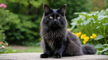 Black maine coon cat in the garden
