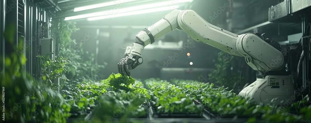 Poster futuristic greenhouse environment where a robotic arm efficiently harvests hydroponic lettuce, showc