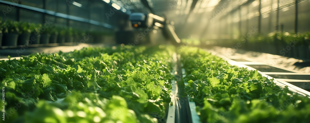 Aufkleber Futuristic greenhouse environment where a robotic arm efficiently harvests hydroponic lettuce, showcasing the integration of technology in farming