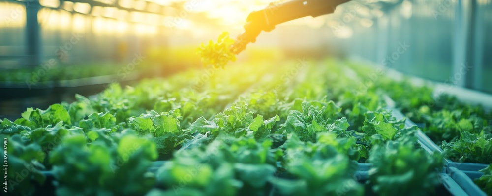 Aufkleber futuristic greenhouse environment where a robotic arm efficiently harvests hydroponic lettuce, showc