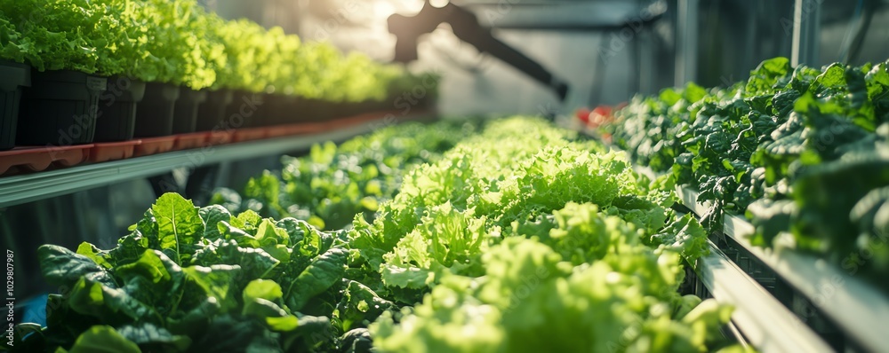 Aufkleber futuristic greenhouse environment where a robotic arm efficiently harvests hydroponic lettuce, showc