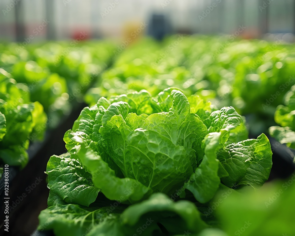 Poster hydroponic lettuce harvesting using a robotic arm in a greenhouse, showcasing smart farming technolo