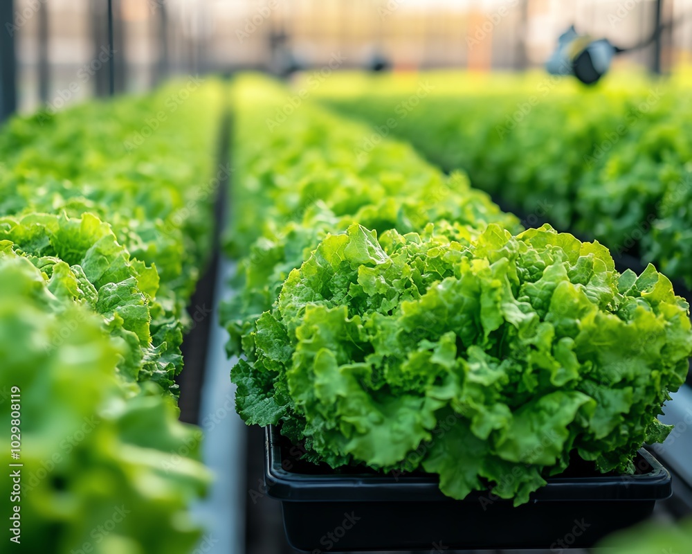 Aufkleber Hydroponic lettuce harvesting using a robotic arm in a greenhouse, showcasing smart farming technology and efficient agricultural practices