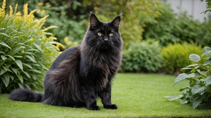 Black maine coon cat in the garden