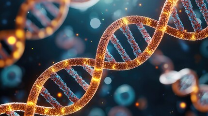 Close-up view of a DNA double helix spinning in a scientific backdrop.