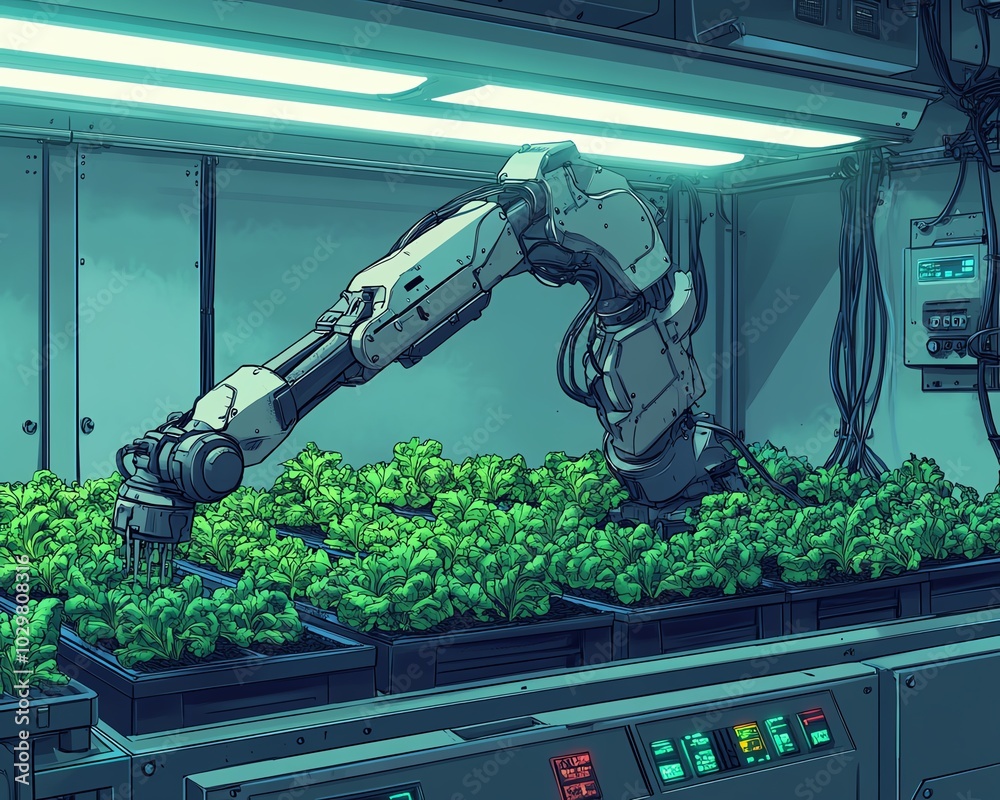 Poster illustration of automated hydroponic lettuce harvesting with a robotic arm in a smart farming greenh