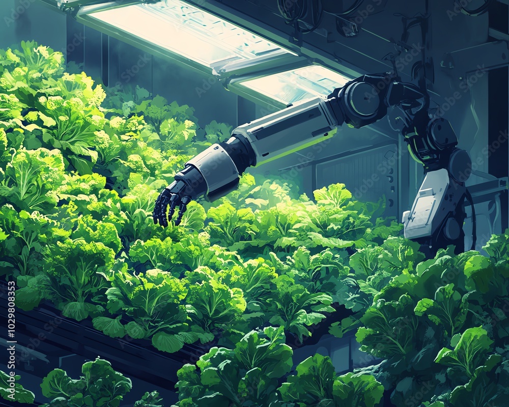 Poster illustration of automated hydroponic lettuce harvesting with a robotic arm in a smart farming greenh