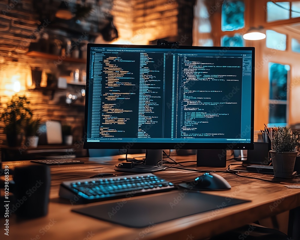 Poster Image of a software company focused on website development, showcasing coding technologies, developer tools, and interactive workspaces