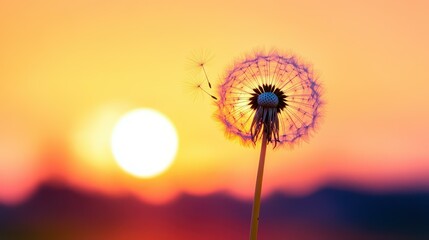 Dandelion seeds dance in the sunset breeze, symbolizing freedom and wishes against a vibrant country sky.
