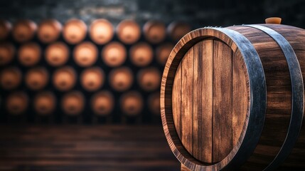 Explore the beauty of an aged wooden barrel, rich in texture, nestled in a quaint wine cellar with a soft, blurred backdrop.