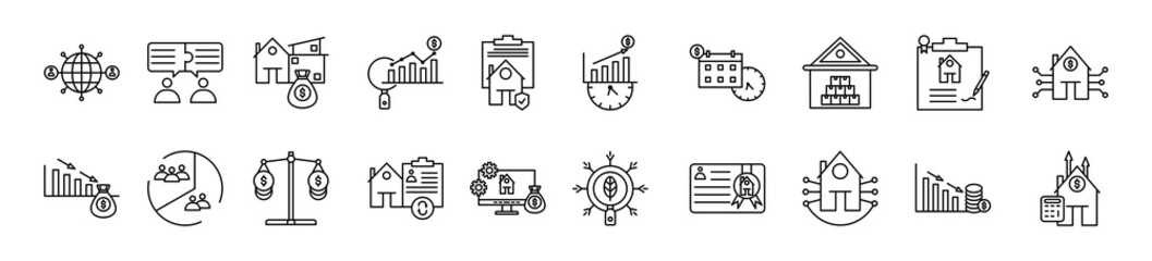Real Estate Investment thin line icon set. Containing Networking, Negotiation Skills, Property Appreciation, Financial Analysis, Title Insurance