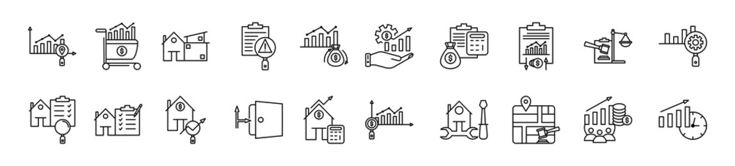 Fototapeta premium Real Estate Investment thin line icon set. Containing Location Analysis, Market Trends, Property Type, Risk Assessment, Return on Investment