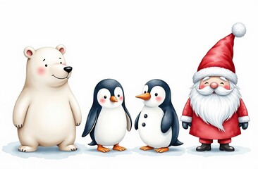 Fototapeta premium Set of watercolor Christmas characters: polar bear, penguin, Santa Claus, snowman and scandinavian gnome isolated on white background 