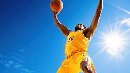 basketball player in yellow jersey performs slam dunk against bright blue sky, showcasing athleticism and energy. sun shines brightly, enhancing dynamic scene