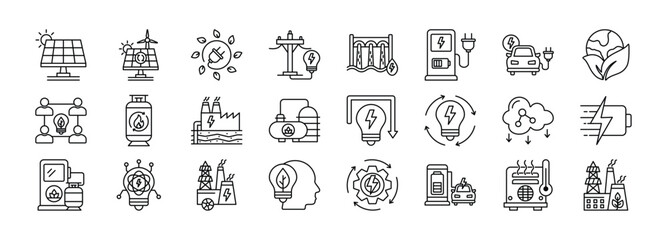 Renewable Energy thin line icon set. Containing Solar Panel, Renewable Energy, Green Energy, Electrical Energy, Hydropower Energy