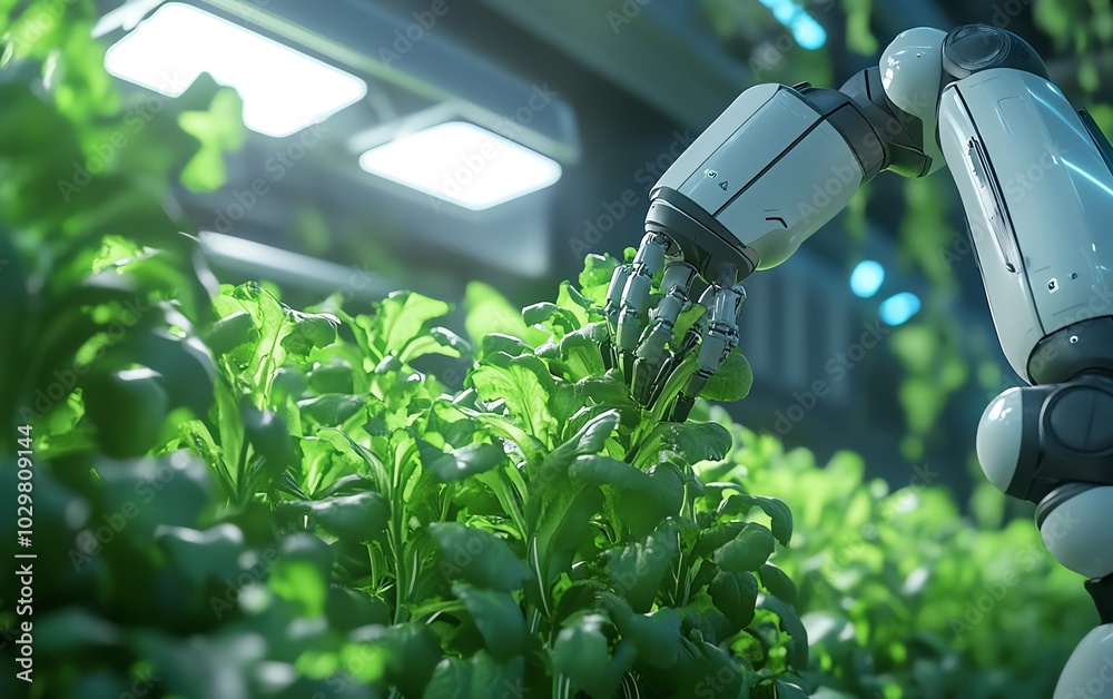 Poster visual representation of a greenhouse equipped with smart farming technology, featuring a robotic ar