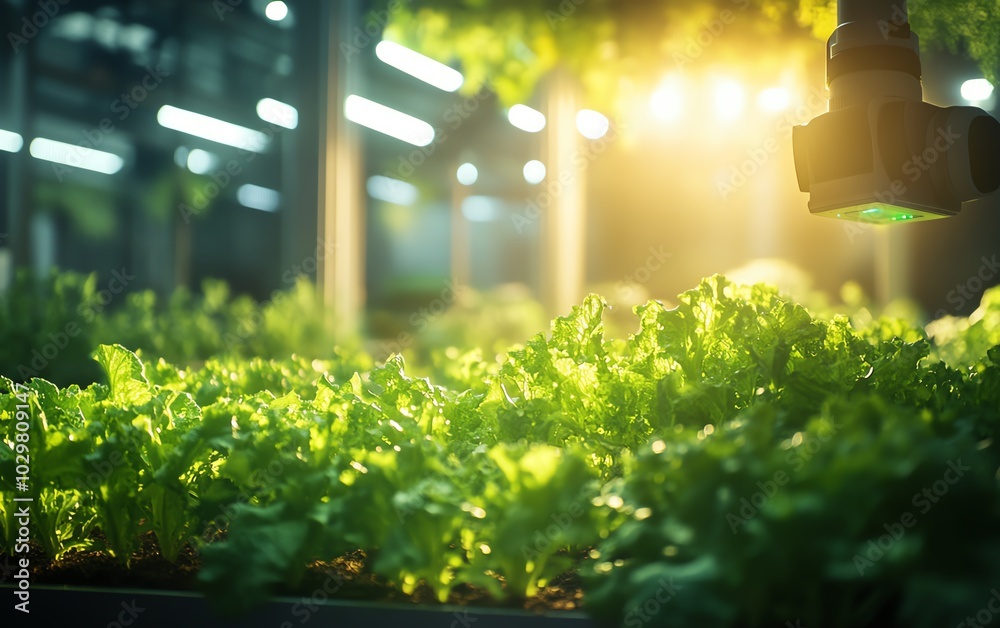 Poster visual representation of a greenhouse equipped with smart farming technology, featuring a robotic ar