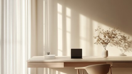 Fototapeta premium A minimalist workspace with a sleek desk, a single vase with flowers, and muted color tones, reflecting quiet luxury and simplicity.
