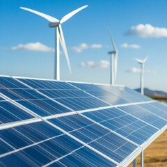 Solar panels in foreground with wind turbines in background, promoting renewable energy.