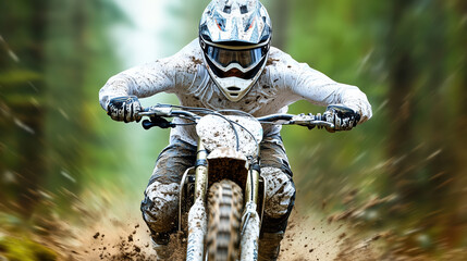 motocross rider speeds through muddy trail, showcasing intense focus and determination. dynamic motion captures thrill of off road biking in natural setting
