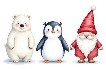 Fototapeta premium Set of watercolor Christmas characters: polar bear, penguin, Santa Claus, snowman and scandinavian gnome isolated on white background 