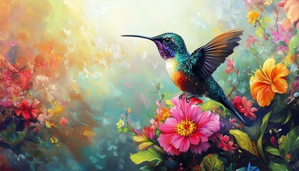 A mesmerizing hummingbird perched on a colorful flower, vibrant rainforest scenery in the background, highlighting the rich biodiversity of the tropical ecosystem