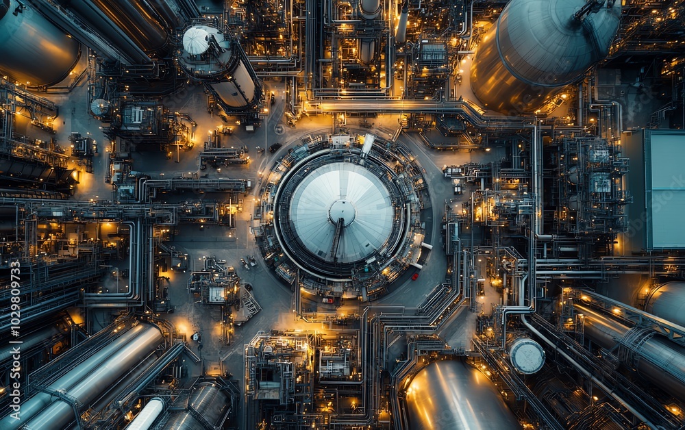 Poster bird seye view of a cuttingedge industrial sector, with interconnected communication network visuals