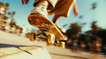 Skateboarder performing trick in vibrant skate park, showcasing dynamic movement and energy. blurred background emphasizes action and excitement of skateboarding