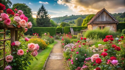 Obraz premium Rustic rose garden scene with roses in countryside
