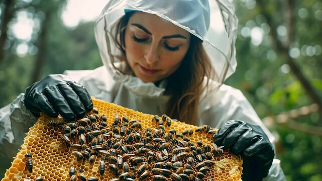 A beekeeper examines a honeycomb filled with bees in a forest