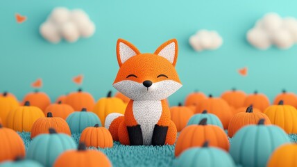 Obraz premium A cheerful, cartoonish fox sits among colorful pumpkins, set against a bright blue background with fluffy white clouds.