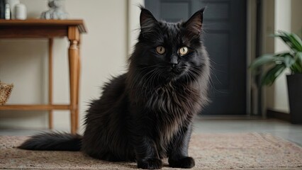 Black maine coon cat in the living room