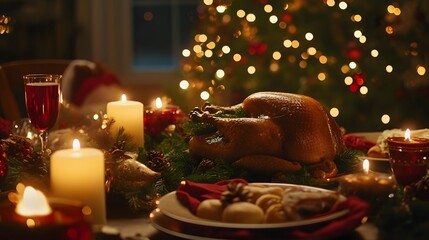 A festive Christmas dinner table filled with a roasted turkey
