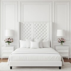 Elegant white bedroom with tufted headboard and floral accents.
