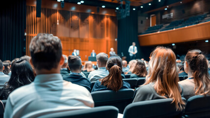 diverse audience attentively listens to speakers at conference in modern auditorium. atmosphere is focused and engaged, highlighting importance of event