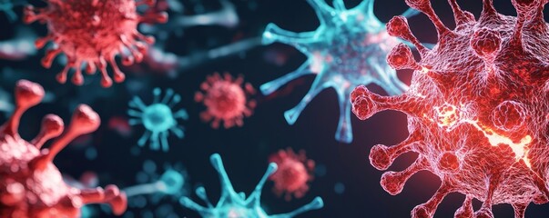 Colorful 3D rendering of virus particles on dark background.