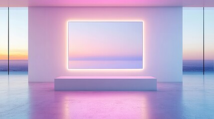 A large screen television is lit up with a purple and pink background. The room is empty and features a white wall and a white bench. The television is the focal point of the room