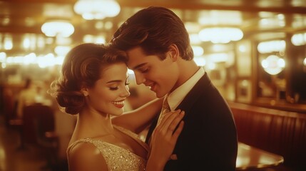 A retro film photo of a couple dancing in a 1950s diner, with warm, grainy textures and soft lighting, capturing the essence of a bygone era.
