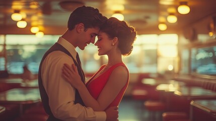 A retro film photo of a couple dancing in a 1950s diner, with warm, grainy textures and soft lighting, capturing the essence of a bygone era.
