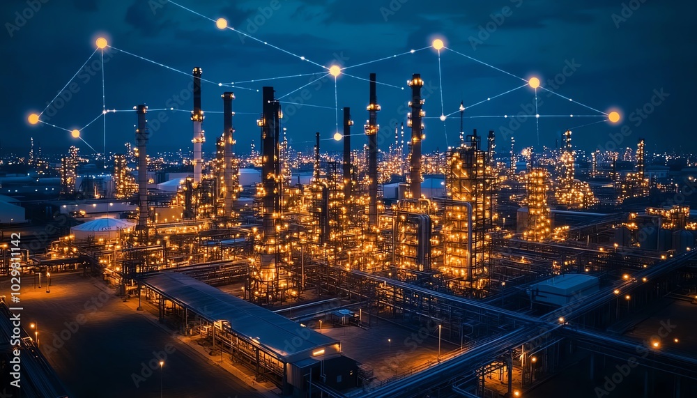 Fototapete sophisticated industrial area from above with digital graphics of a communication network, illustrat