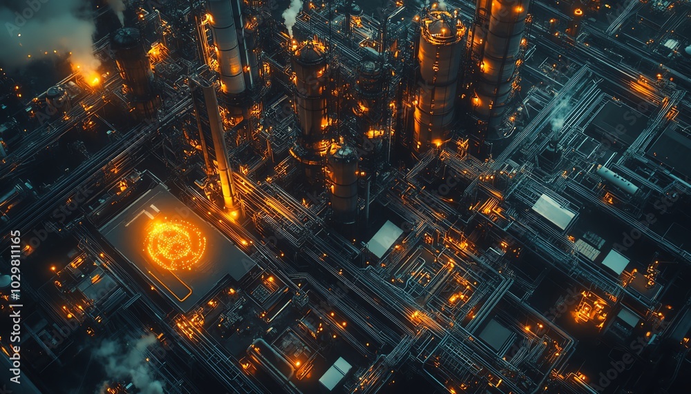 Fototapete sophisticated industrial area from above with digital graphics of a communication network, illustrat