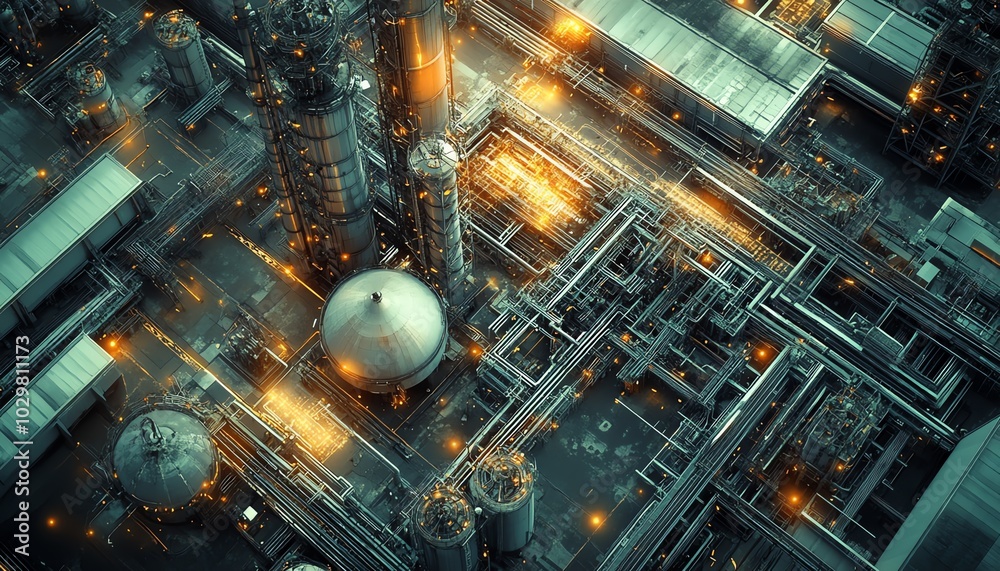 Poster Sophisticated industrial area from above with digital graphics of a communication network, illustrating the integration of hightech connectivity in modern industries