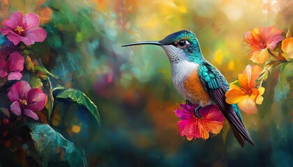 Obraz premium Stunning closeup of a vibrant hummingbird resting on a bright flower, with a backdrop of a lush tropical rainforest teeming with colorful blooms and greenery