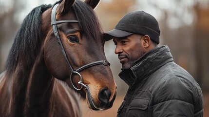 Fototapeta premium A touching scene of a horse nuzzling its owner, with the bond of trust and affection evident in their interaction against a rural backdrop.