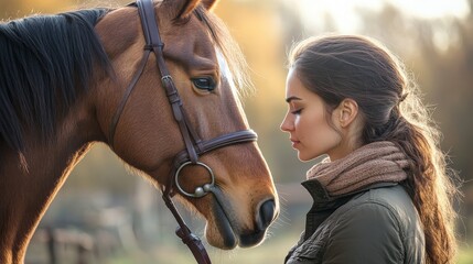 Obraz premium A touching scene of a horse nuzzling its owner, with the bond of trust and affection evident in their interaction against a rural backdrop.