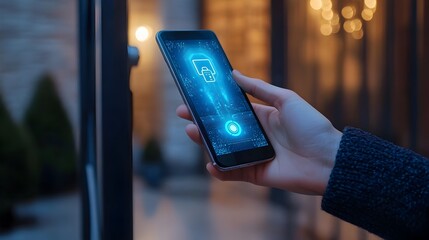 Smartphone Used for Close Digital Door Lock at Home or Apartment with NFC Technology Concepts