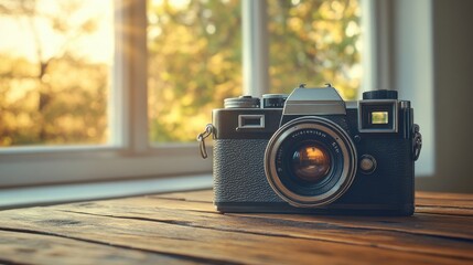 A vintage photo of an old film camera on a wooden table, with light leaks and warm tones enhancing the nostalgic mood.