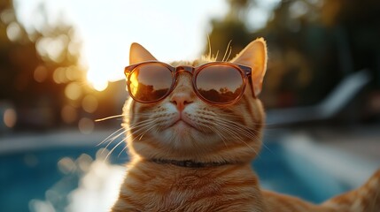 Happy Orange Tabby Cat Relaxing by Pool with Sunglasses on Sunset Vacation