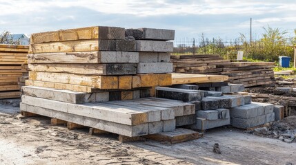 A high pile of wooden planks and concrete blocks at a construction site.